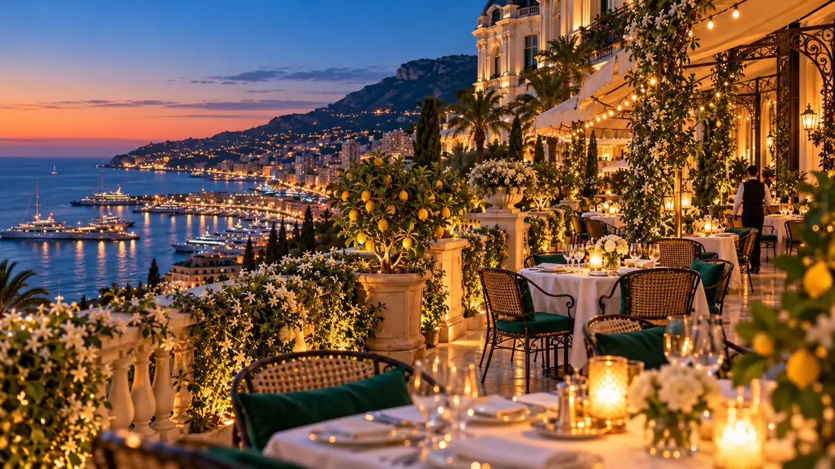 The terrace restaurant of the Veridian casino hotel overlooking the harbour at night